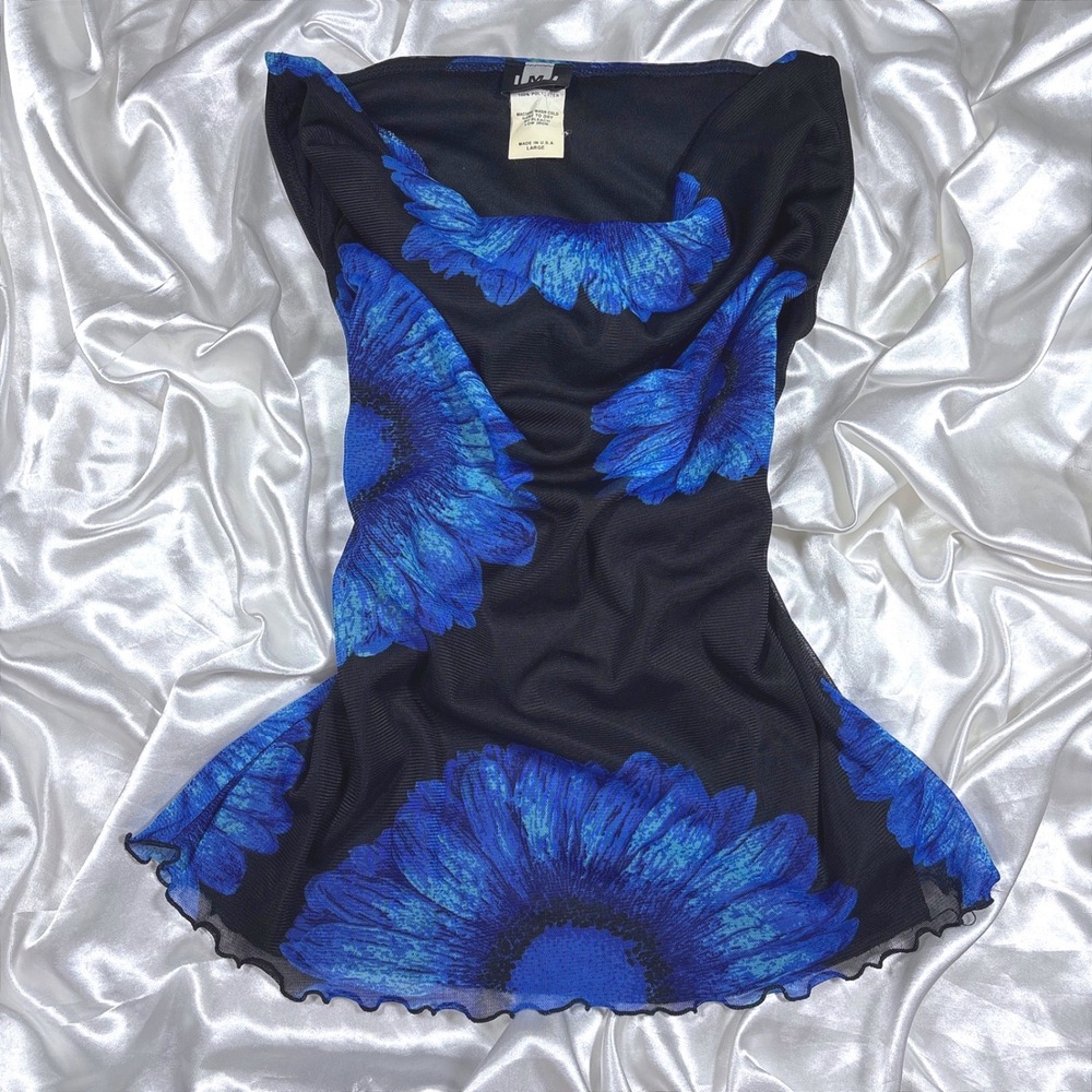 y2k Mesh cowl neck top Black Blue Excellent Sunflower Floral Lettuce Trim LMI